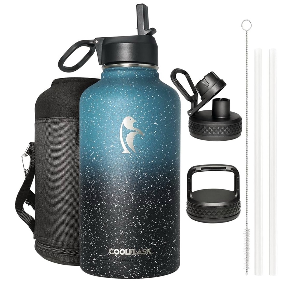 Brand New 64oz Water Bottle Insulated with Straw&3 Lids/Blue&Black
